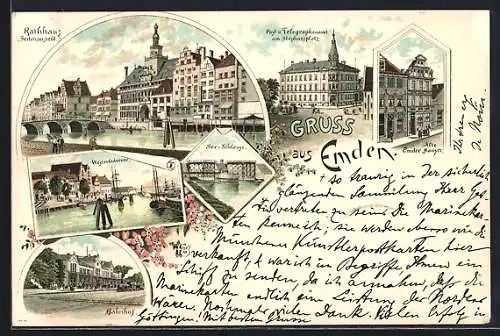 Lithographie Emden, Rathaus, Westerbutvenne, See-Schleuse, Bahnhof, Alte Emder Häuser