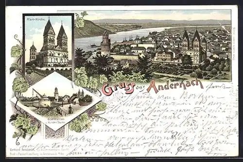 Lithographie Andernach, Teilansicht, Pfarr-Kirche, Alter Krahnen und Runder Turm