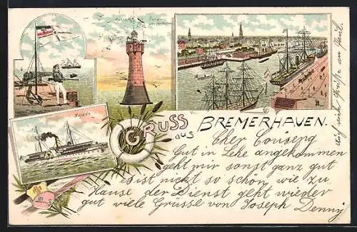 Lithographie Bremerhaven, Sand-Leuchtturm, Dampfer Najade, Hafenpanorama