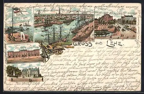 Lithographie Lehe / Weser, Matrosen Artillerie-Kaserne, Rathaus mit Krieger-Denkmal, Hafen