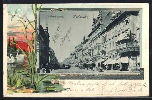 Lithographie Karlsruhe, Partie in der Kaiserstrasse, Passepartout mit Schwanensee im Sonnenuntergang