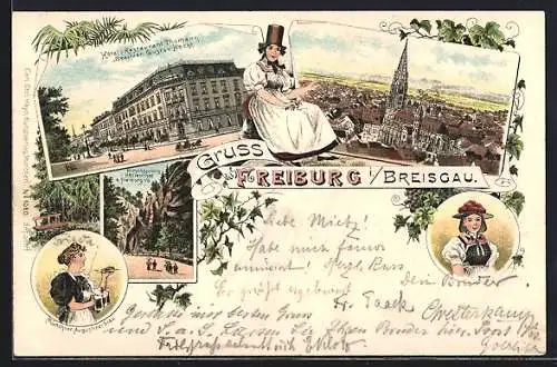 Lithographie Freiburg i. / Breisgau, Hotel Thormann, Münchner Augustinerbräu, Hirschsprung i. Höllenthal