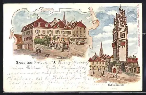 Künstler-AK Freiburg i. B., Gasthaus zum Storchen v. A. Rüde, Schwabentor