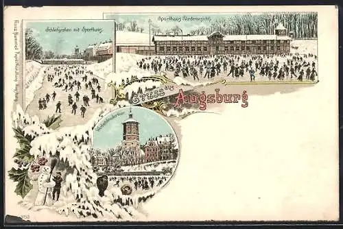 Winter-Lithographie Augsburg, Schleifgraben mit Sporthaus, Wertachbruckertor, Schneemann