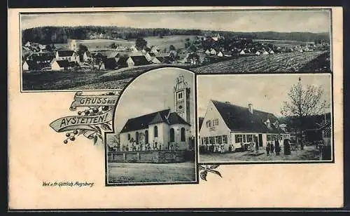 AK Aystetten, Gasthaus, Kirche und Totalansicht