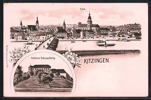 Lithographie Kitzingen, Schloss Schwanberg, Stadtpanorama mit Flusspartie