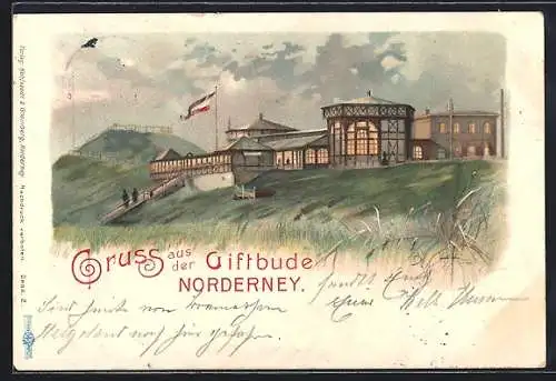 Lithographie Norderney, Gasthaus Giftbude