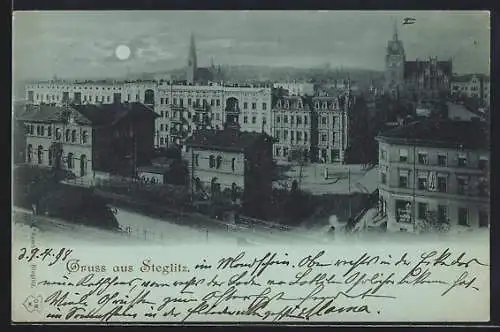 Mondschein-AK Berlin-Steglitz, Strassenpartie aus der Vogelschau