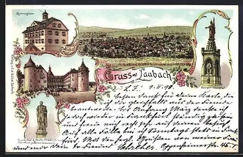 Lithographie Laubach / Hessen, Gymnasium, Schloss und Denkmäler