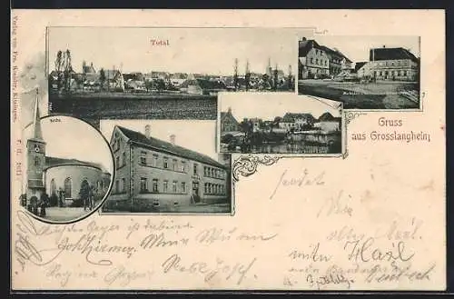 AK Grosslangheim, Gasthaus zum Ochsen am Marktplatz, Kirche, Schule, Totalansicht