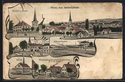 AK Hellmitzheim, Gasthaus und Brauerei von J. Lindner, Handlung von J. M. Ficht, Schule, Bahnhof