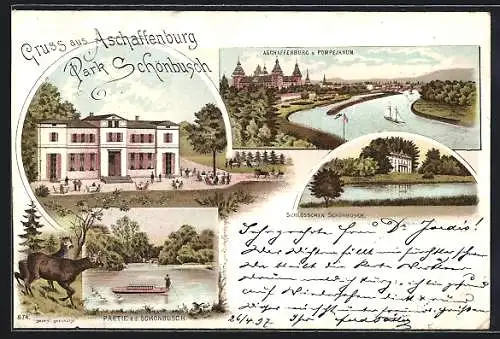 Lithographie Aschaffenburg, Gasthaus Park Schönbusch, Schlösschen und Pompejanum