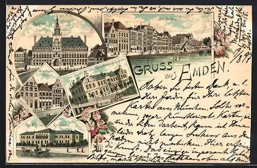 Lithographie Emden, Delft, Rathaus, Kaiser Friedrich Schule, Kgl. Wilhelms-Gymnasium