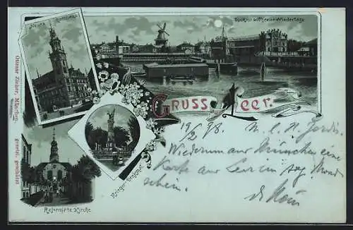 Mondschein-Lithographie Leer / Ostfriesland, Neues Rathaus, Dock, Krieger-Denkmal und reformierte Kirche