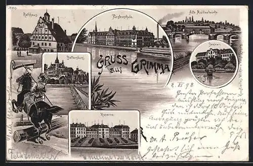 Lithographie Grimma, Kaserne, Fürstenschule, Husar zu Pferd