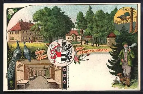 Lithographie Abtswind, Jagdschloss Friedrichsberg, Jäger mit Dackel