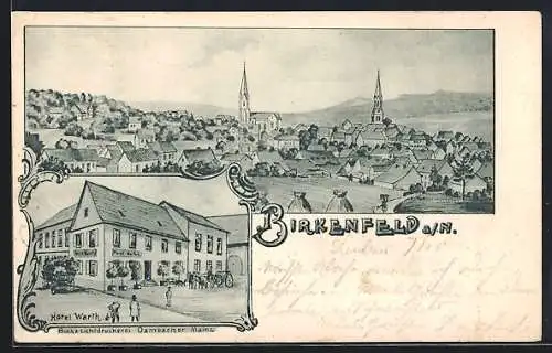 Lithographie Birkenfeld a. N., Hotel Warth, Teilansicht