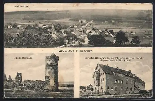 AK Hinzerath, Totalansicht, Ruine Baldenau, Kurhotel Hinzerath-Bahnhof