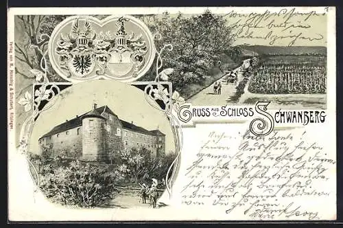 Lithographie Schwanberg, Schloss Schwanberg, Strassenpartie