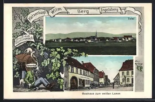 AK Sommerach, Gasthaus zum weissen Lamm, Totalansicht, Katzenkopf, Wilm, Berg, Engelsberg