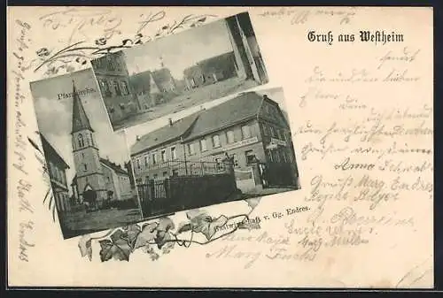 AK Westheim / Kitzingen, Gastwirtschaft v. Gg. Endres, Pfarrkirche & Strassenansicht