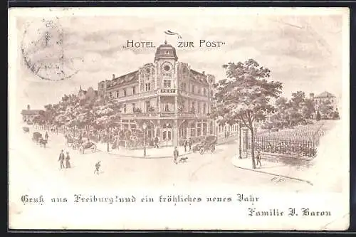 Künstler-AK Freiburg / Breisgau, Hotel zur Post, Neujahrsgruss