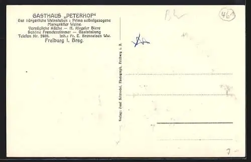 AK Freiburg / Breisgau, Gasthaus Peterhof v. f. Brenneisen, Peterstrasse 2, Aussen- u. Innenansichten