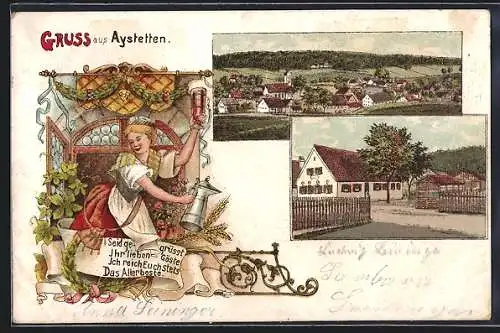 Lithographie Aystetten, Ortspartie, Wirtin mit Bierkrug und Kanne, Totalansicht