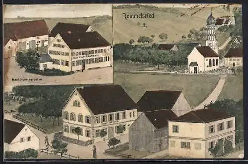 Künstler-AK sign. Hans Pernat: Rommelsried, Zott`sche Brauerei, Geschäftshaus Josef Körner und die Kirche