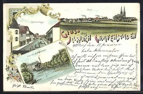 Lithographie Illkirch-Grafenstaden, Grüner Jäger, Illkircher Mühlenwerke, Totalansicht