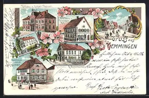 Lithographie Gemmingen, Gasthaus z. Deutschen Hof, Kaufhaus G. Oppenheimer, Gasthaus Joh. Hartmann, Rathaus