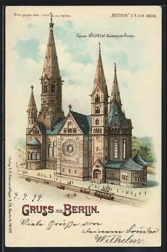 Lithographie Berlin-Charlottenburg, Kaiser Wilhelm-Gedächtnis-Kirche mit Strassenbahn, Halt gegen das Licht