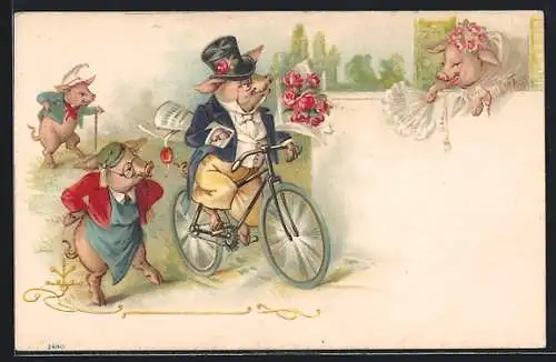 Lithographie Eleganter Schweinekavalier uf dem Fahrrad radelt zum Rendez-Vous