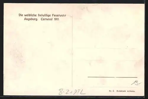 AK Augsburg, Carneval 1911, Weibliche freiwillige Feuerwehr beim Rettungseinsatz