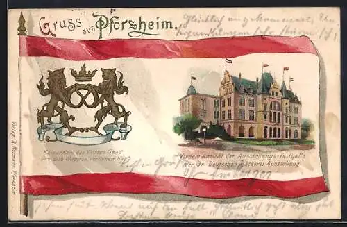 Lithographie Pforzheim, Gr. Deutsche Bäckerei-Ausstellung 1900, Ausstellungs-Festhalle und Stadtwappen