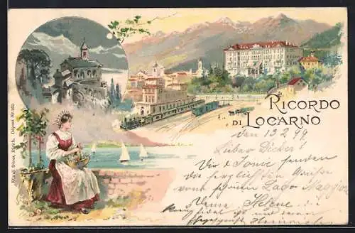 Lithographie Locarno, Ortsansicht mit Bahnhof, Kirche im Mondschein
