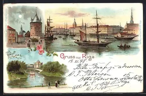 Lithographie Riga, Dünaquai mit anliegenden Segelschiffen, Pulverturm, Stadtkanal mit Hausboot