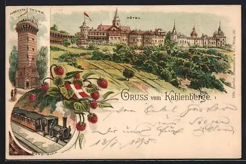 Vorläufer-Lithographie Kahlenberg, 1895, Hotel, Aussichts-Turm, Bergbahn