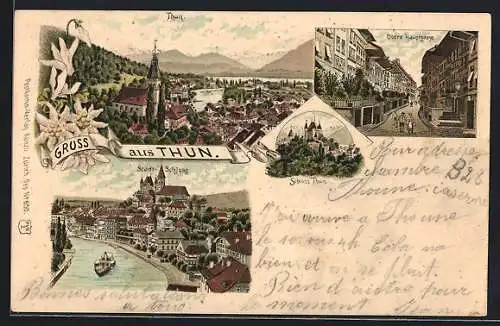 Lithographie Thun, Gesamtansicht, Obere Hauptgasse, Stadt-Schloss