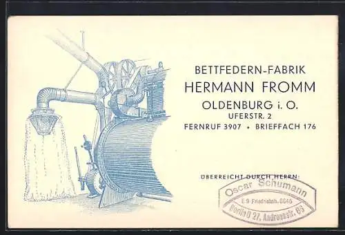 Künstler-AK Oldenburg i. O., Bettfedern-Fabrik Hermann Fromm, Uferstr. 2, Maschine