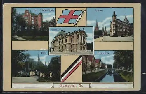 AK Oldenburg i. Gr., Elis. Anna-Palais, Schloss, Theater, Park, Haaren-Ufer