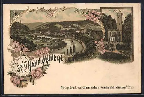 Lithographie Hann. Münden, Partie an der Tillyschanze, Panoramablick