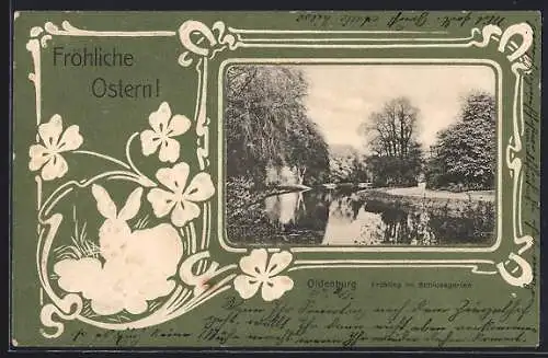 Grusskarten-AK Oldenburg / O., Frühling im Schlossgarten, florales Passepartout