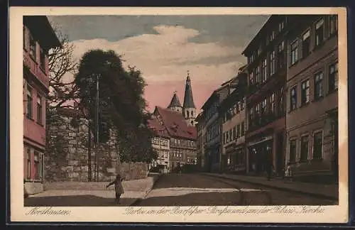 AK Nordhausen, Barfüsser Strasse mit Blick zur Blasi-Kirche