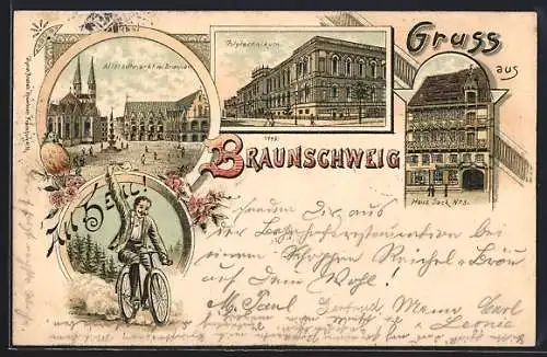 Lithographie Braunschweig, Altstadtmarkt mit Brunnen, Haus Sack No. 5, Polytechnikum