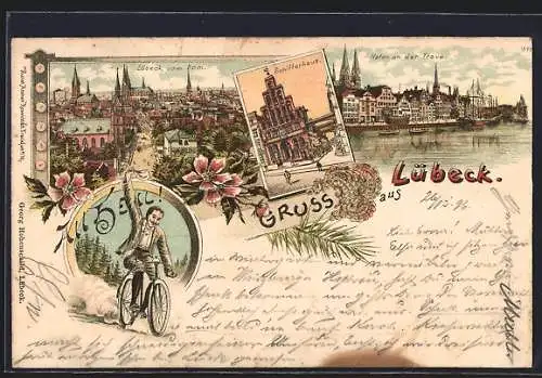 Lithographie Lübeck, Ortsansicht vom Dom aus, Schifferhaus, Trave-Hafen, Radfahrer