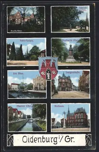 Mikroskop-AK Oldenburg i. Gr., Anna Elis. Palais, Herbarth-Platz, Langestrasse, Rathaus, Haaren-Ufer