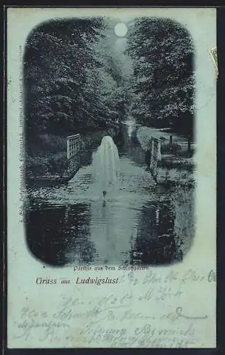 Mondschein-AK Ludwigslust / Meckl., Fontäne im Schlossgarten