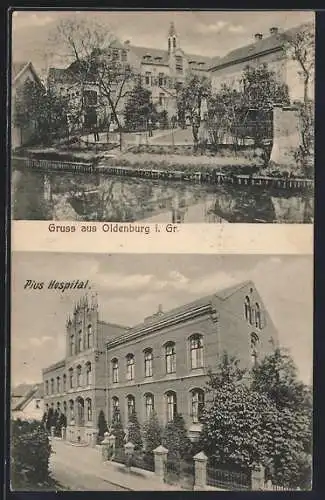 AK Oldenburg i. Gr., Pius-Hospital in der Georgenstrasse, Flusspartie