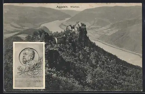 AK Aggstein, Ruine Aggstein aus der Vogelschau, Portrait Jos. Victor Scheffel